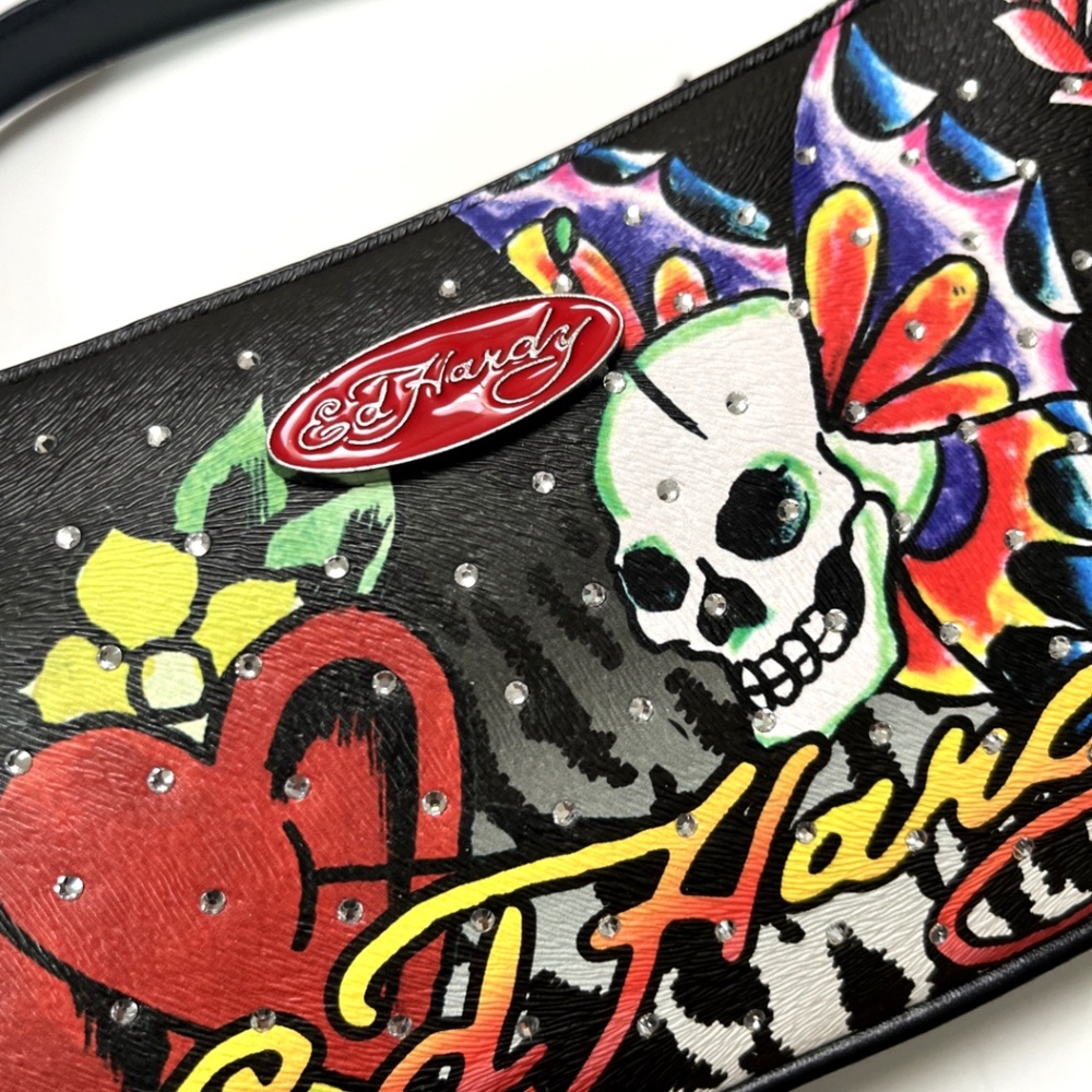 Ed Hardy Skull Heart Flame Shoulder Bag Y2K Tattoo Crossbody Studded Rhinestone - Picture 4 of 11